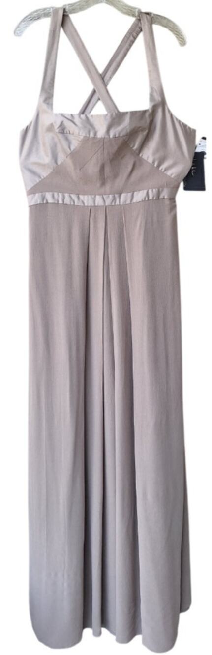 Nicole Miller 100% Silk Empire Waist Straps Formal Gown Chiffon Dress Taupe 14